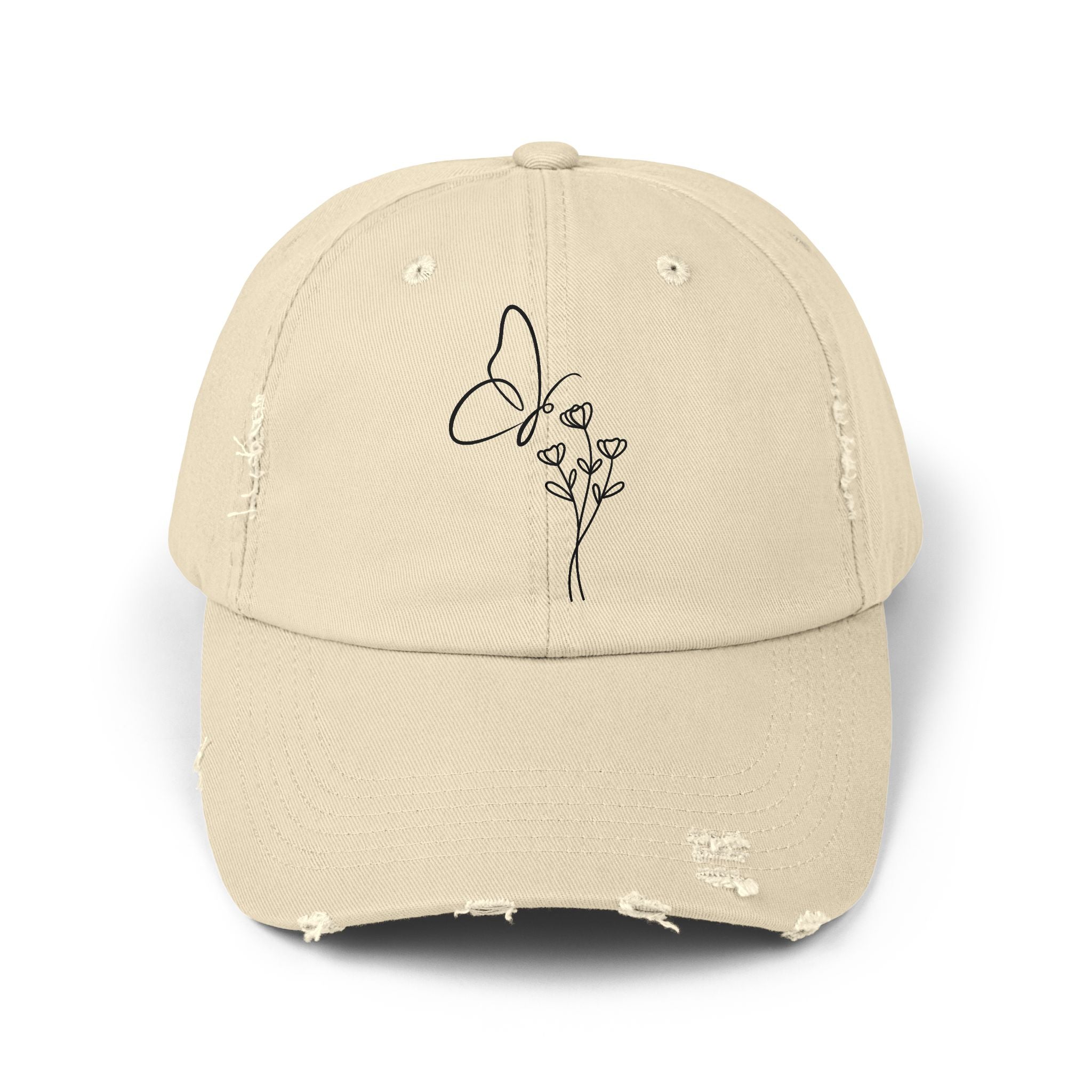 Chic Butterfly Floral Cap | Unisex Distressed Hat | Trendy Outdoor Accessory | Gift for Her | Casual Fashion | Spring Style